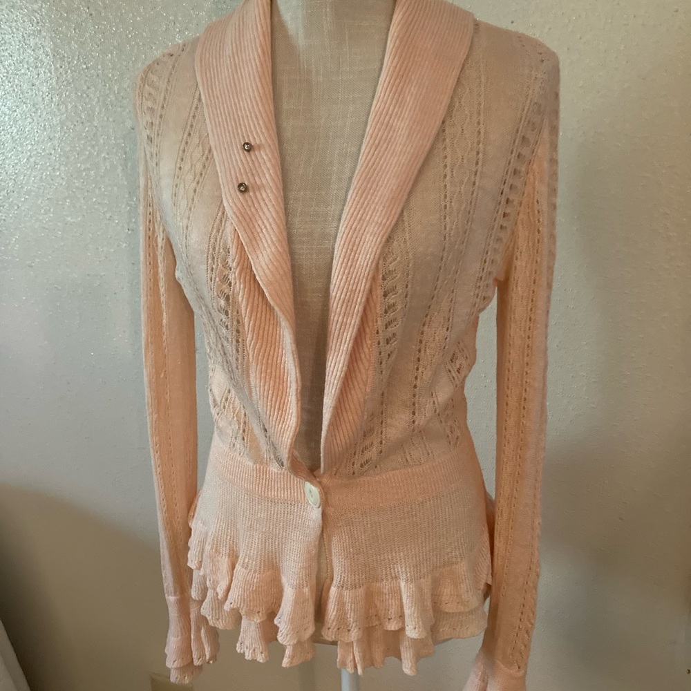Lauren Ralph Lauren Pink Crochet Cardigan Ruffles at Cuff and Waist - size S